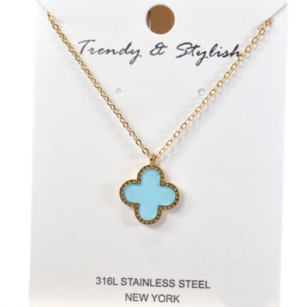Turquoise clover charm necklace ; stainless steel